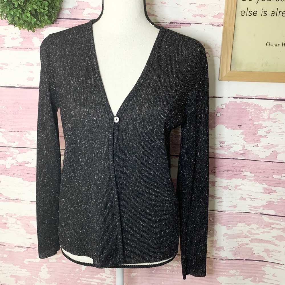 PLISSE Women’s Black Long Sleeve Metallic Cardigan in a size Small